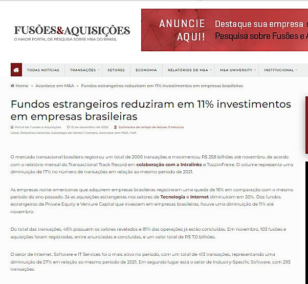 Fundos estrangeiros reduziram em 11% investimentos em empresas brasileiras